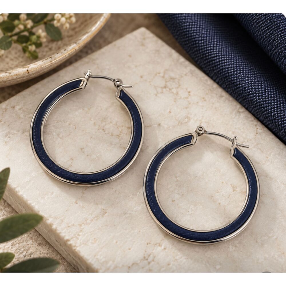 LOFT Navy Blue & Silver Hoop Earrings MediumHoops